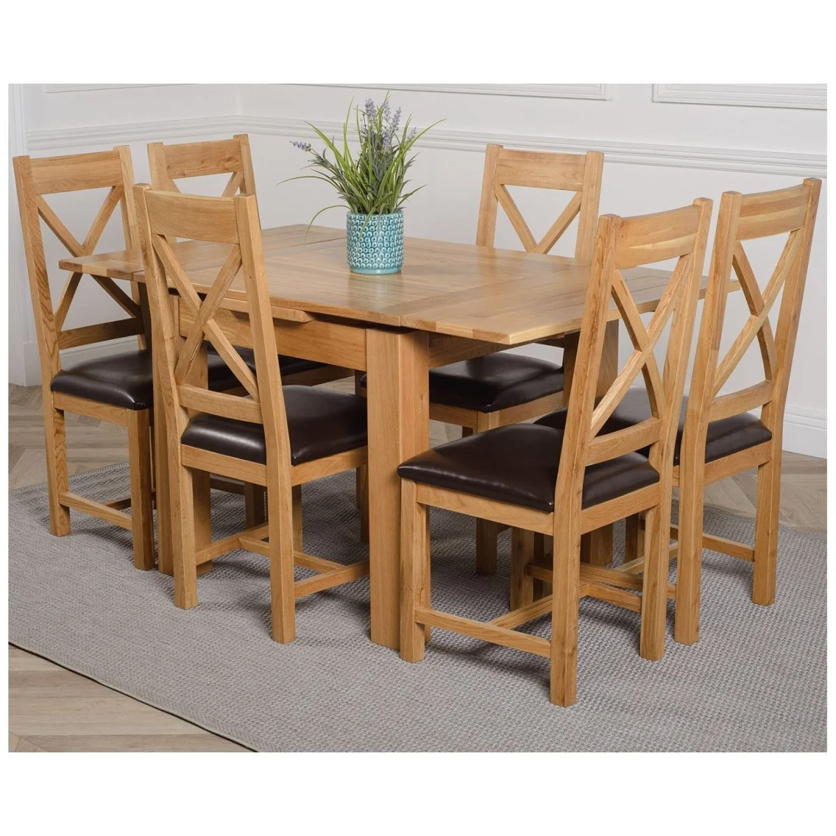 Richmond 90-150cm Oak Extending Dining Table and 6 Berkeley Leather Chairs - Brown – image 13