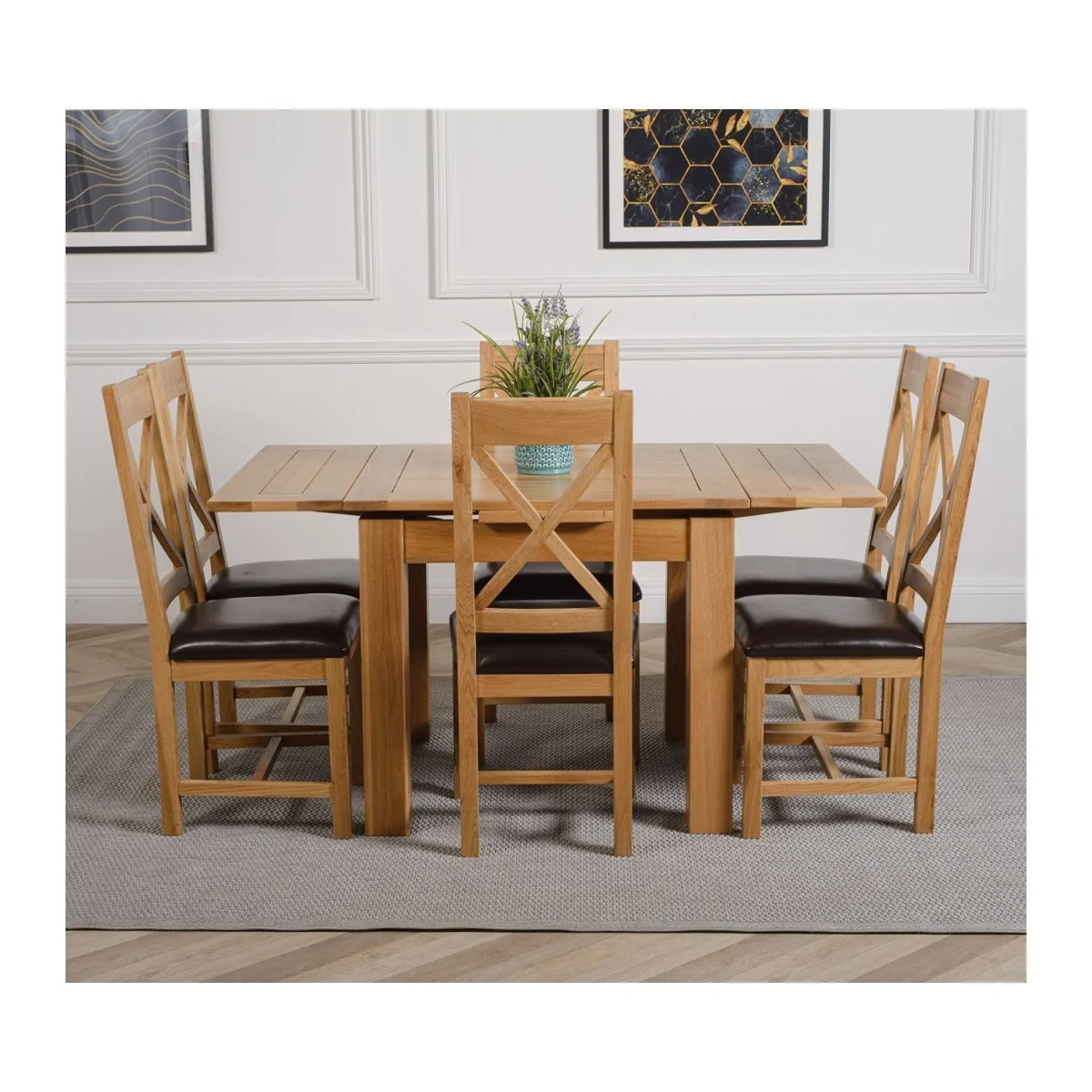 Richmond 90-150cm Oak Extending Dining Table and 6 Berkeley Leather Chairs - Brown – image 14