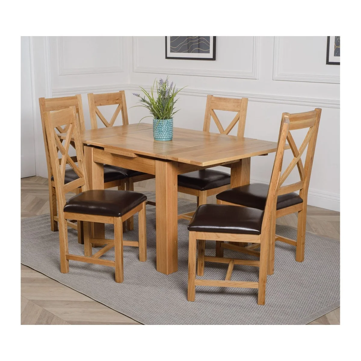 Richmond 90-150cm Oak Extending Dining Table and 6 Berkeley Leather Chairs - Brown – image 15