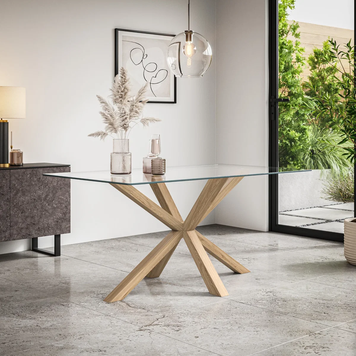 Etta Glass Top Rectangle Dining Table and 4 Raye Velvet Chairs - Grey - Mustard – image 2