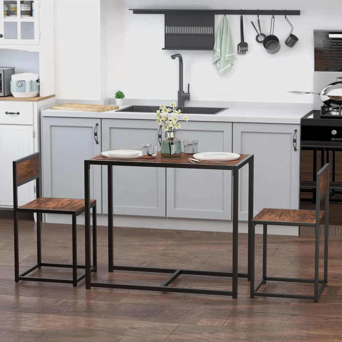Lottopa Metal and Wooden Compact Dining Table and 2-Chair Set - Natural, Black – image 3
