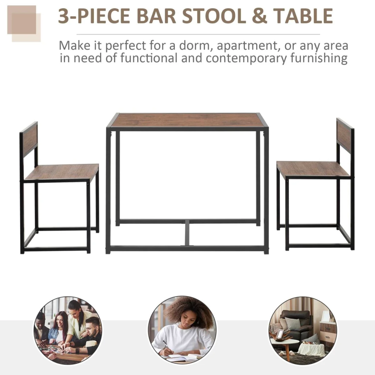 Lottopa Metal and Wooden Compact Dining Table and 2-Chair Set - Natural, Black – image 5