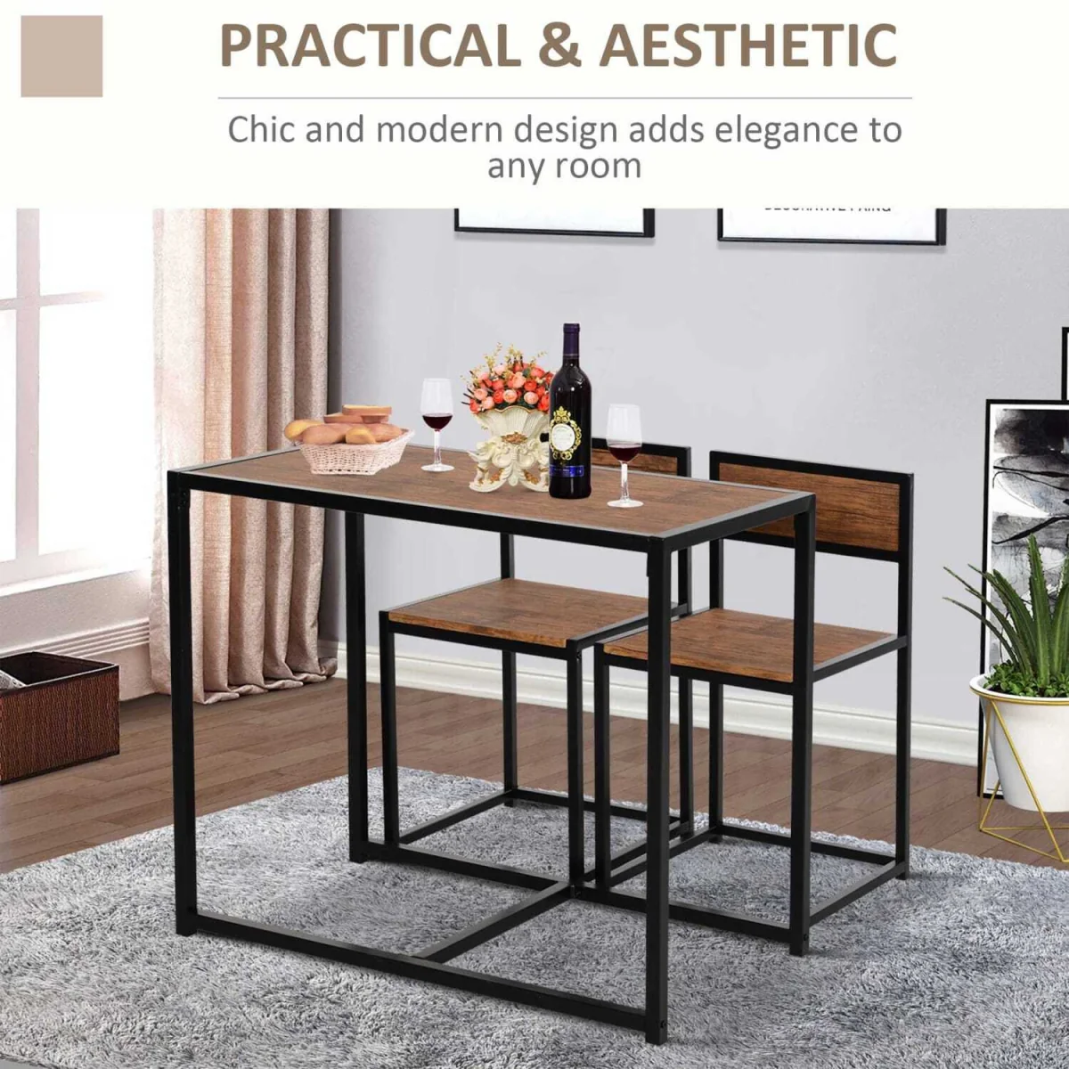 Lottopa Metal and Wooden Compact Dining Table and 2-Chair Set - Natural, Black – image 6