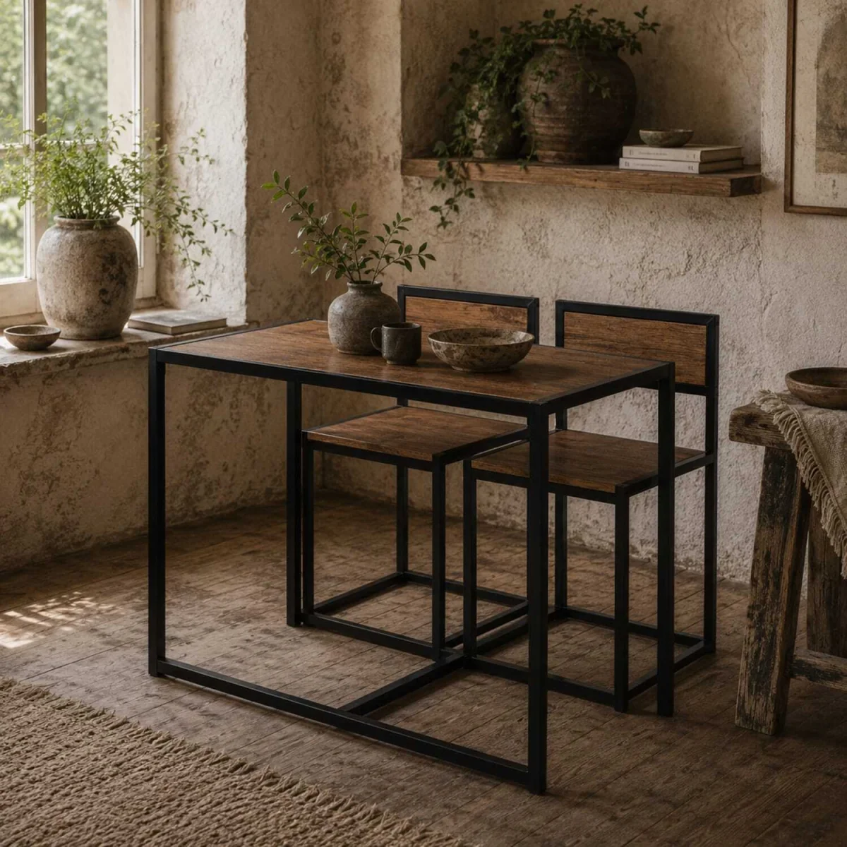 Lottopa Metal and Wooden Compact Dining Table and 2-Chair Set - Natural, Black – image 1