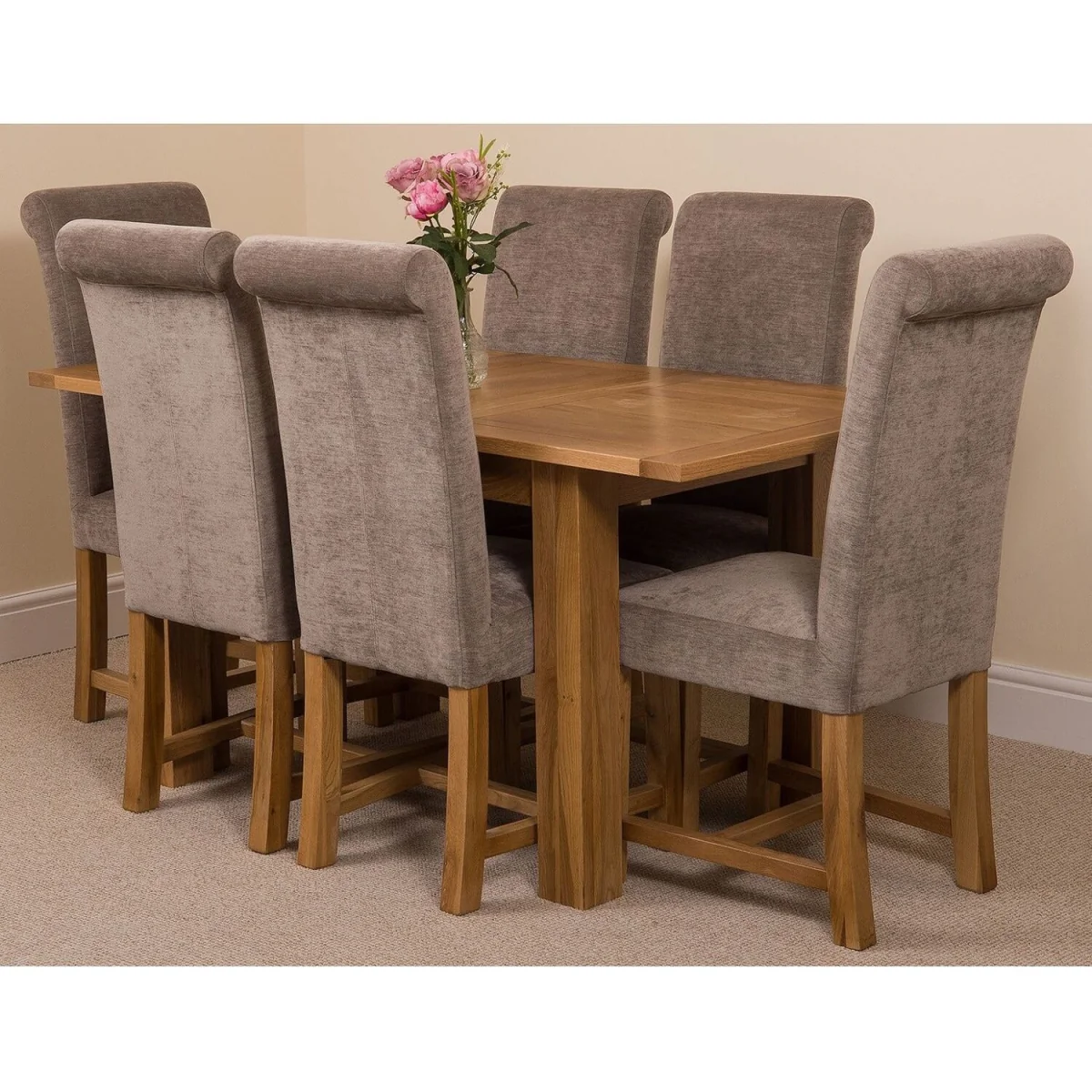 Hampton 120-160cm Oak Extending Dining Table and 6 Washington Fabric Chairs - Beige – image 15