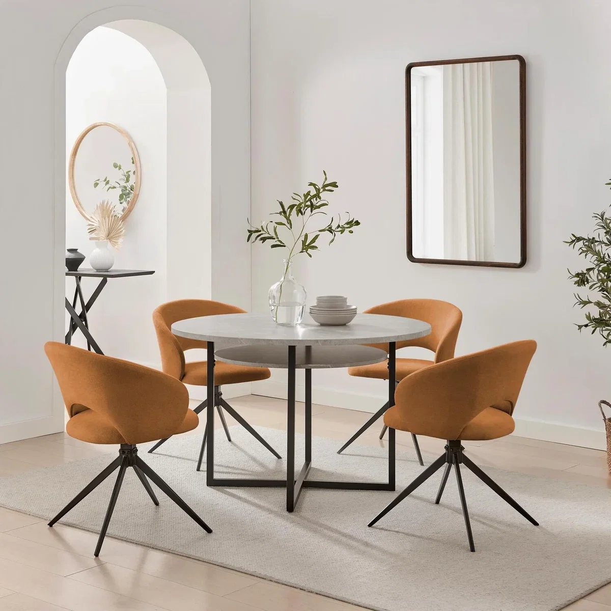 Adley Round Grey Concrete Effect Dining Table 4 Anika Swivel Chairs - Terracotta – image 1