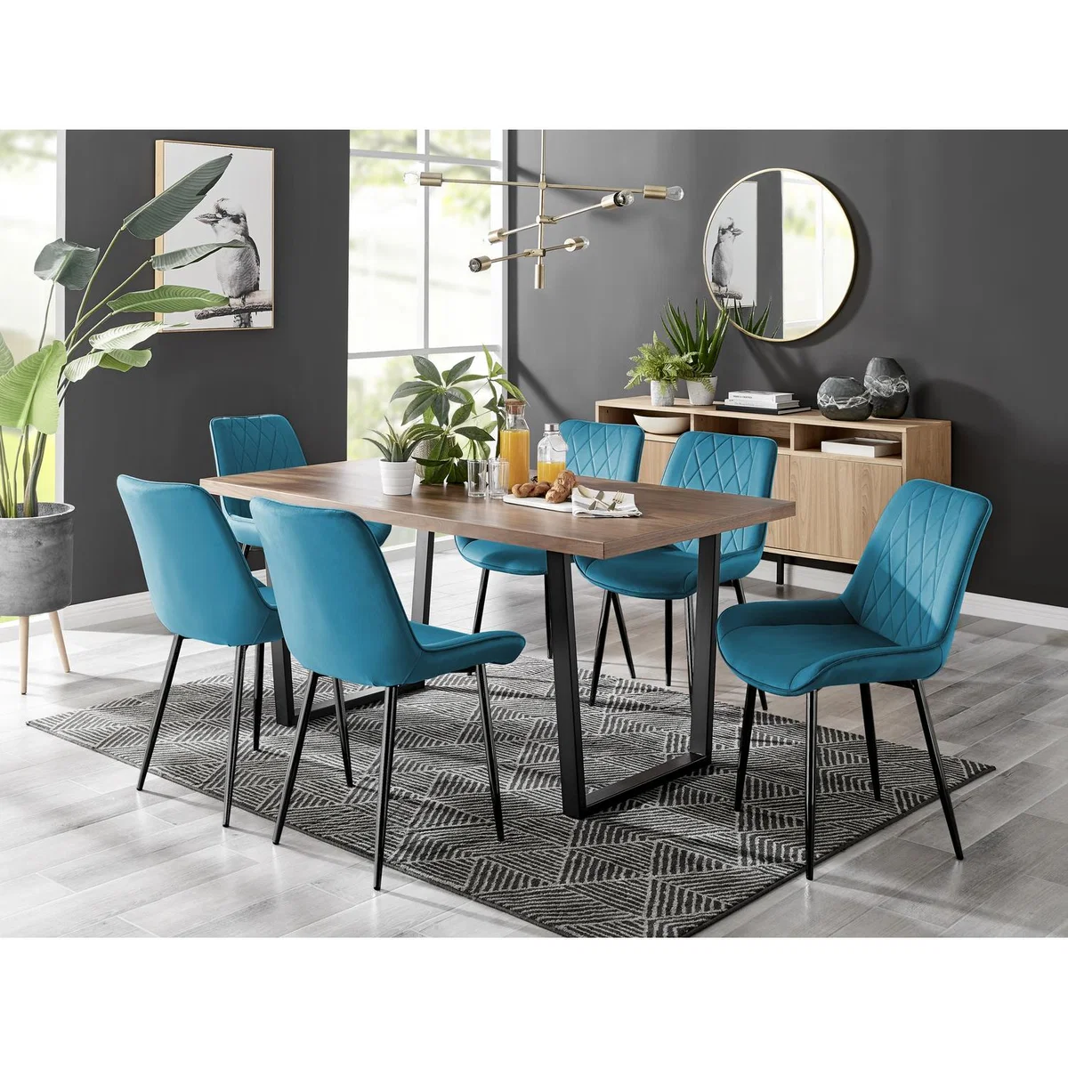 Kylo Brown Wood Effect Dining Table 6 Pesaro Black Leg Chairs - Blue – image 30
