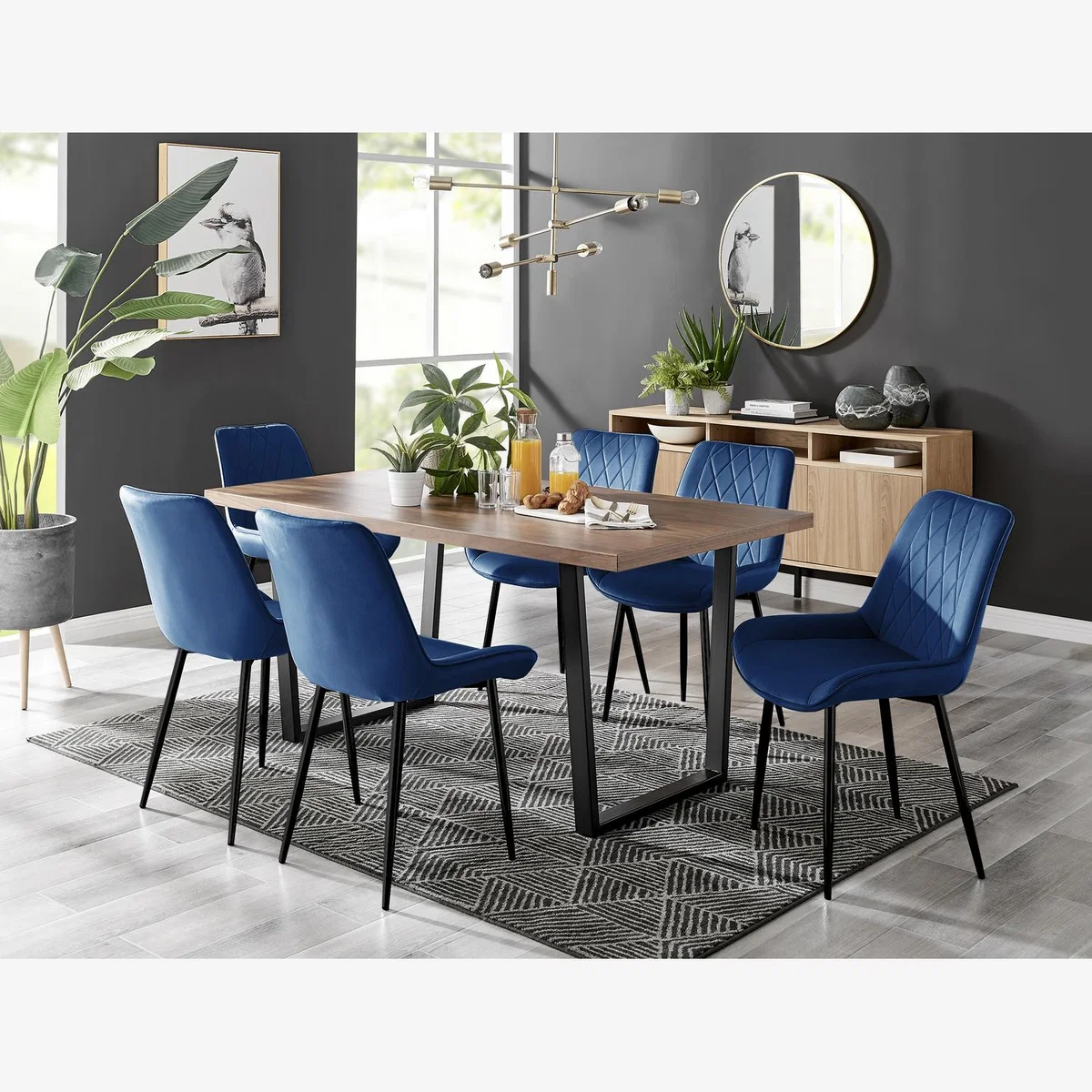 Kylo Brown Wood Effect Dining Table 6 Pesaro Black Leg Chairs - Blue – image 1