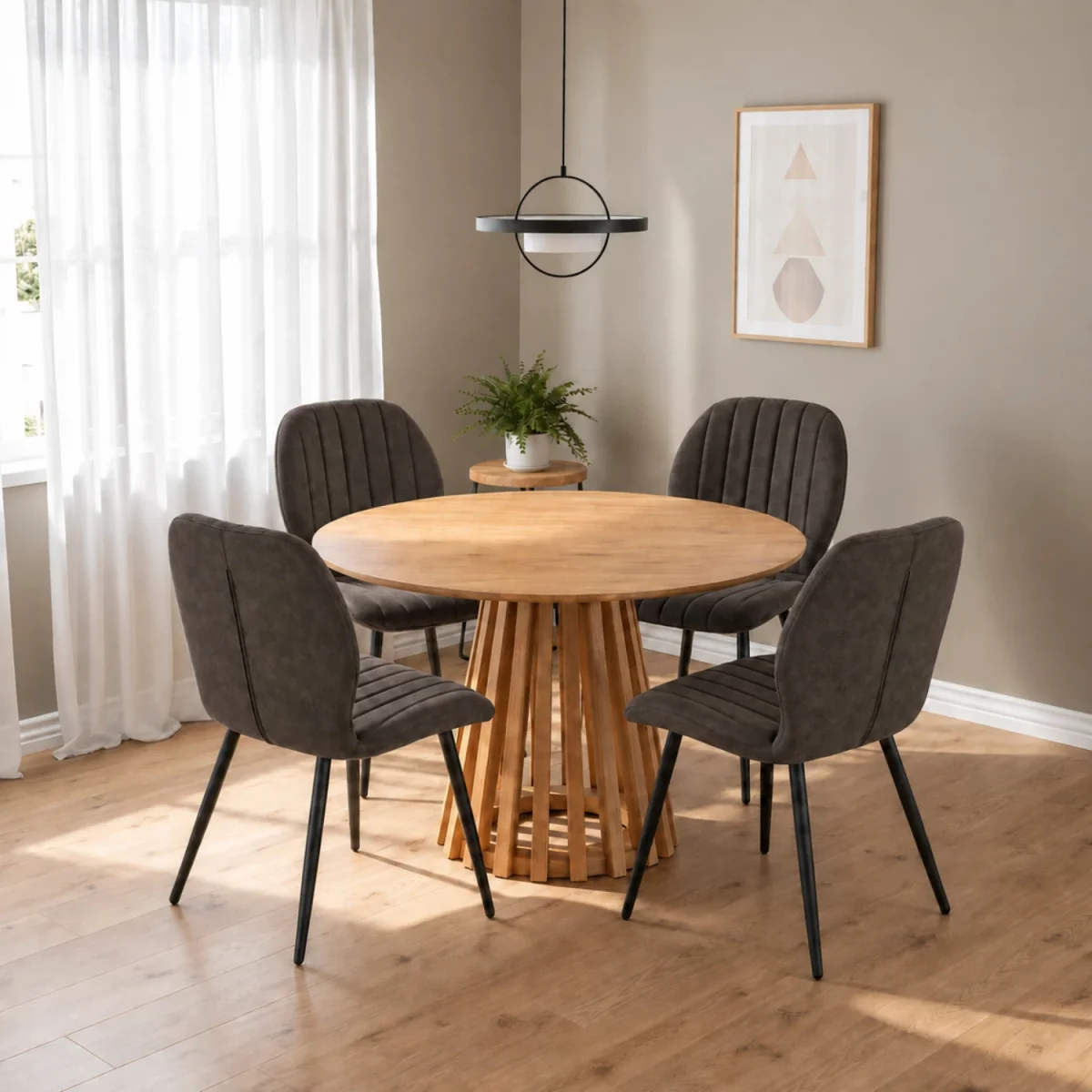 Kayci Round Oak Dining Table with 4 Jaydn Chairs - Tan - Grey – image 1