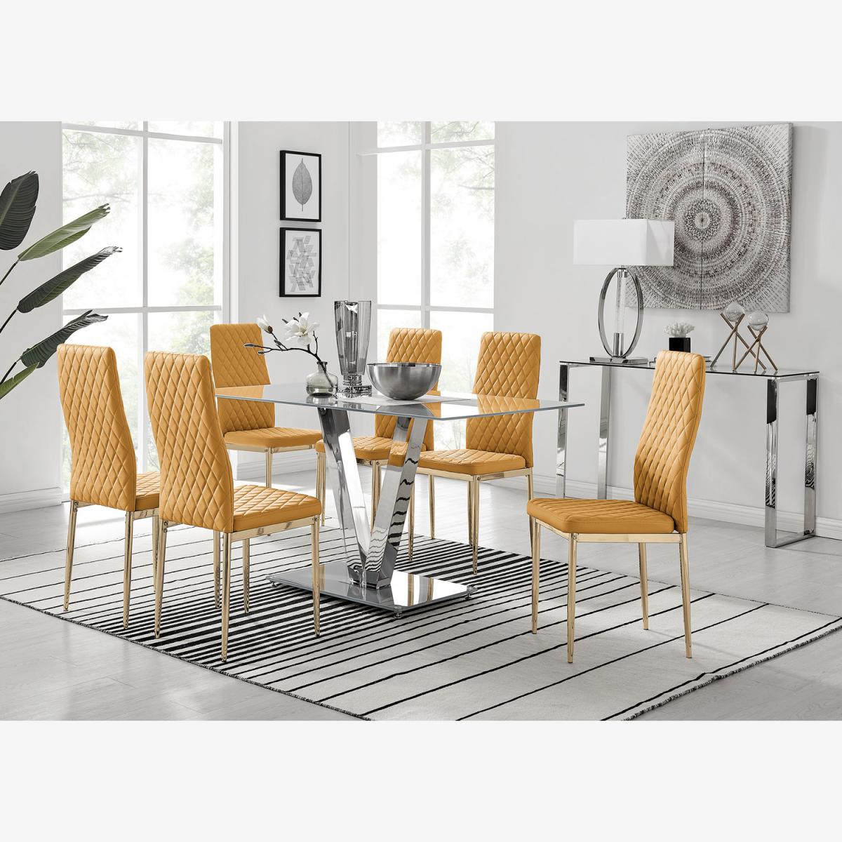 Florini V Grey Dining Table and 6 Gold Leg Milan Chairs - Mustard – image 1