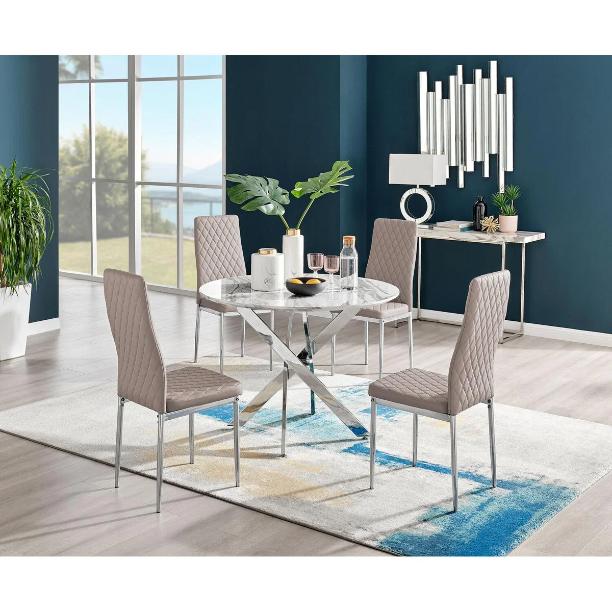 Novara White Marble Effect Dining Table  4 Milan Chrome Leg Chairs - Cappuccino – image 11