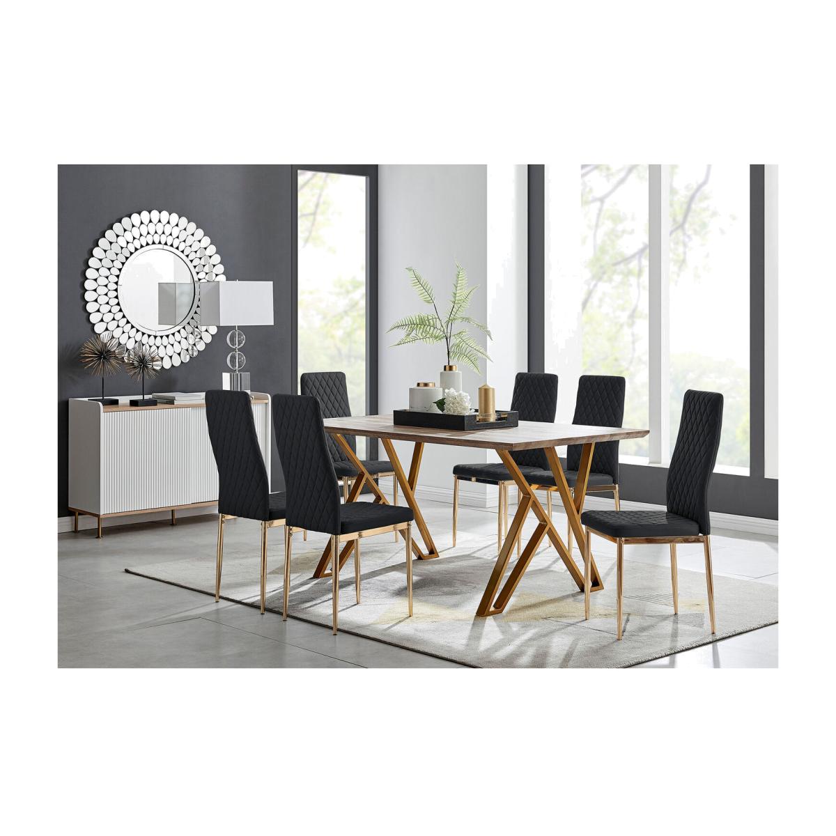 Taranto Oak Effect Kitchen Dining Table and 6 Gold Leg Milan Chairs - Black