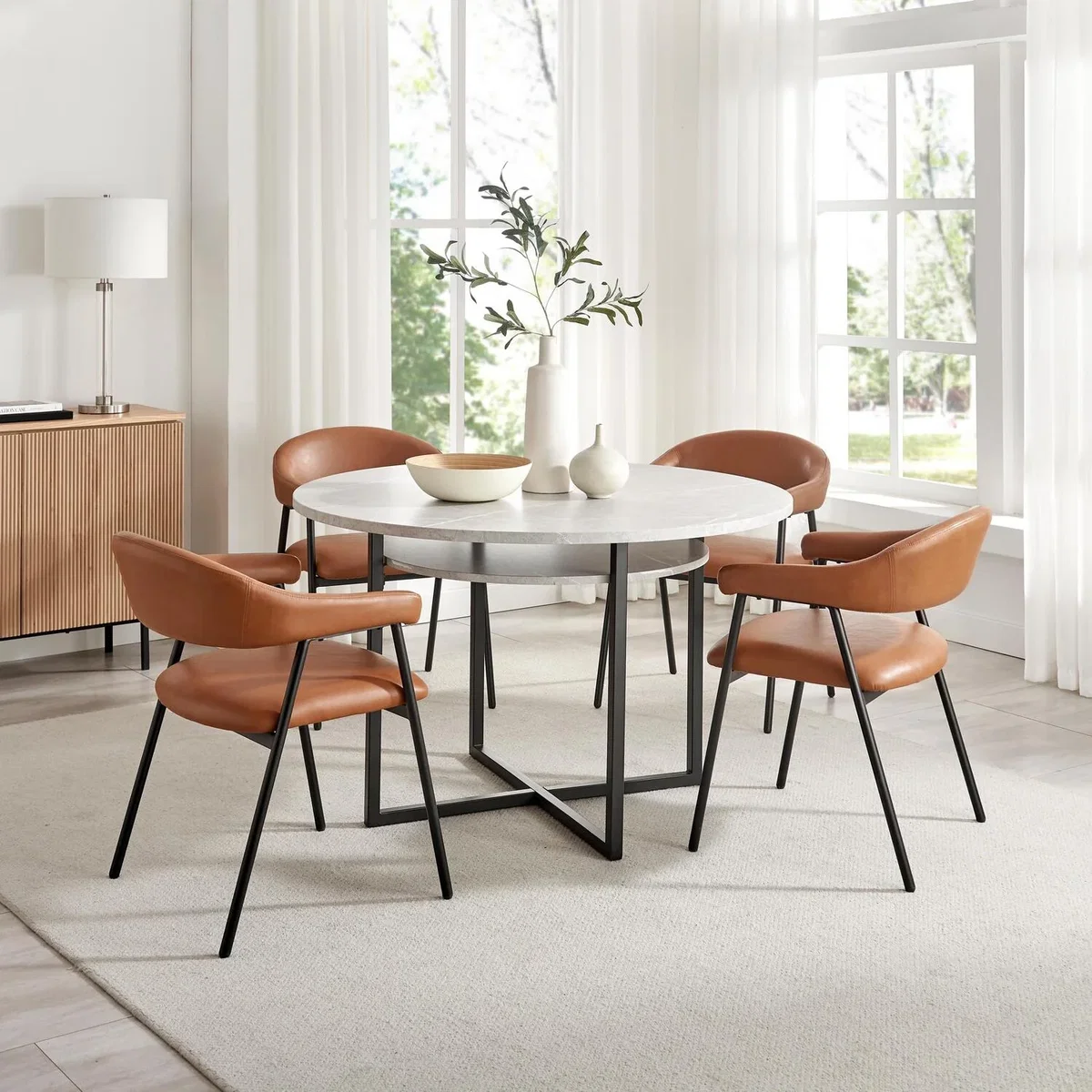 Adley Round Grey Concrete Effect Dining Table 4 Faux Leather Delos Chairs - Tan – image 1