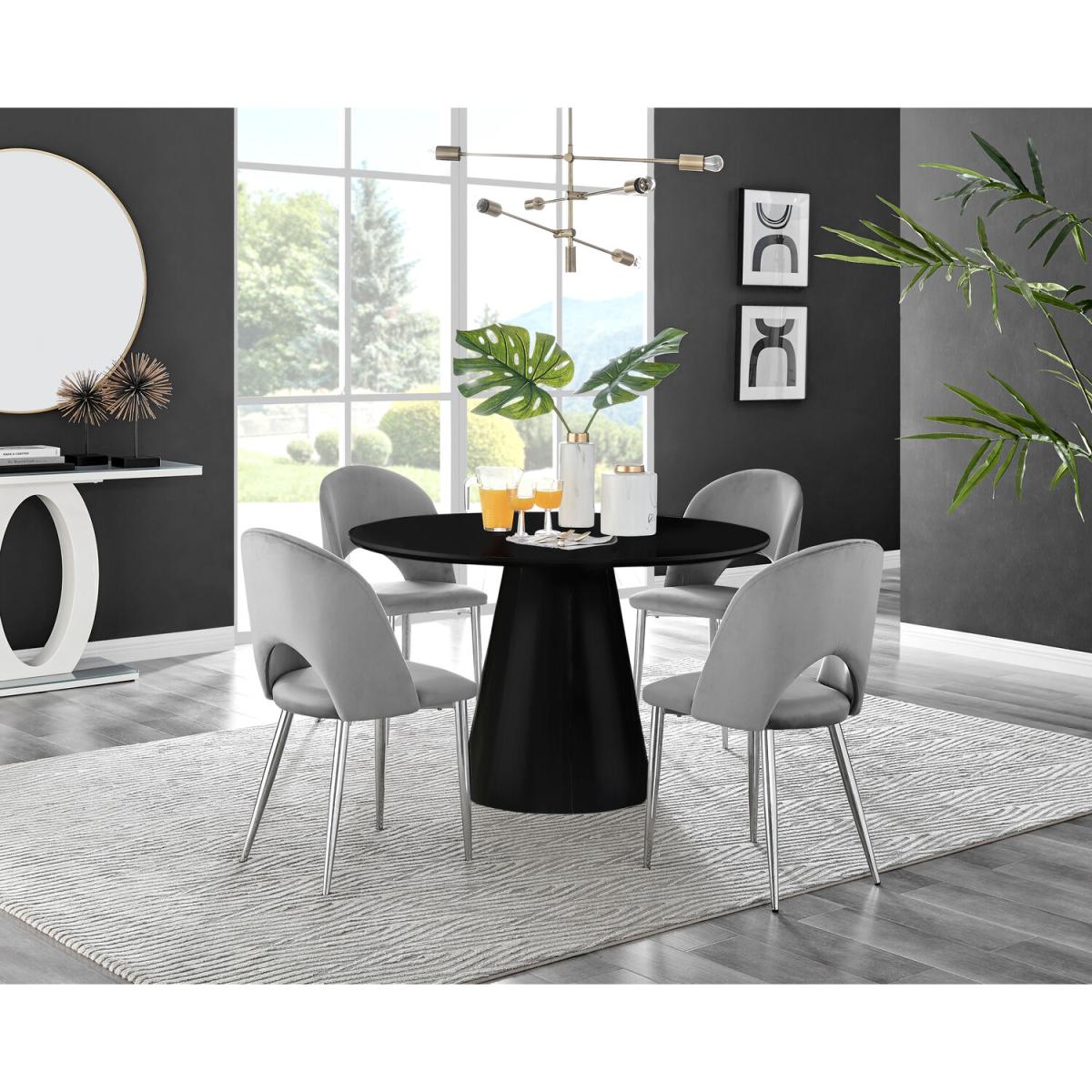 Palma Black High Gloss Round Dining Table and 4 Arlon Silver Leg Chairs - Black – image 35