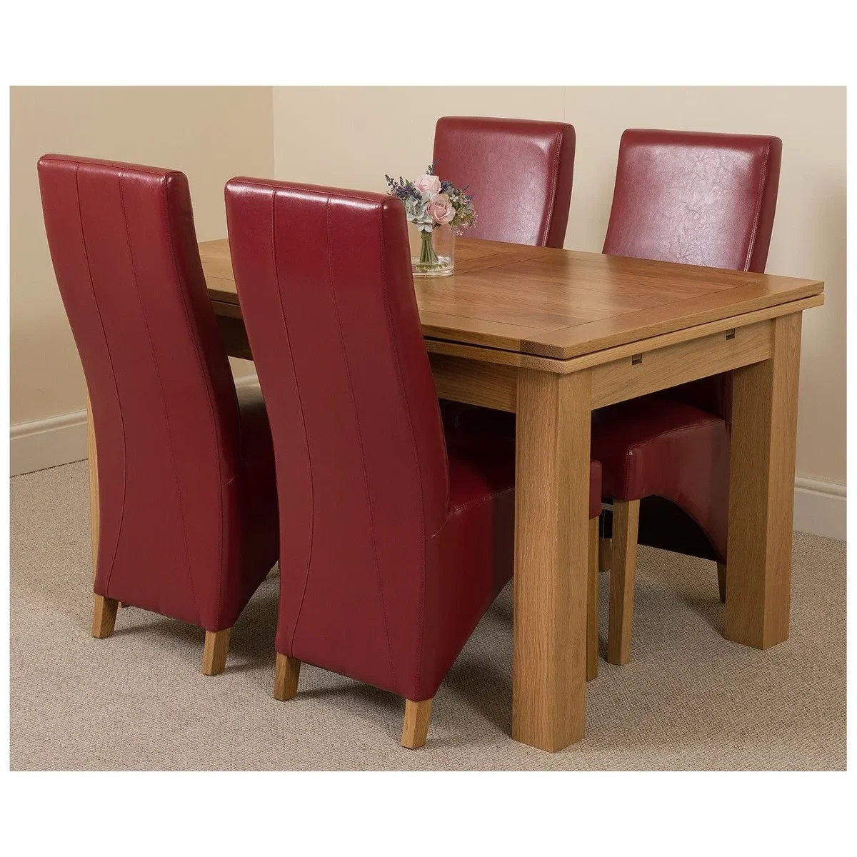 Richmond 140-220cm Oak Extending Dining Table and 4 Lola Leather Chairs - Red – image 18