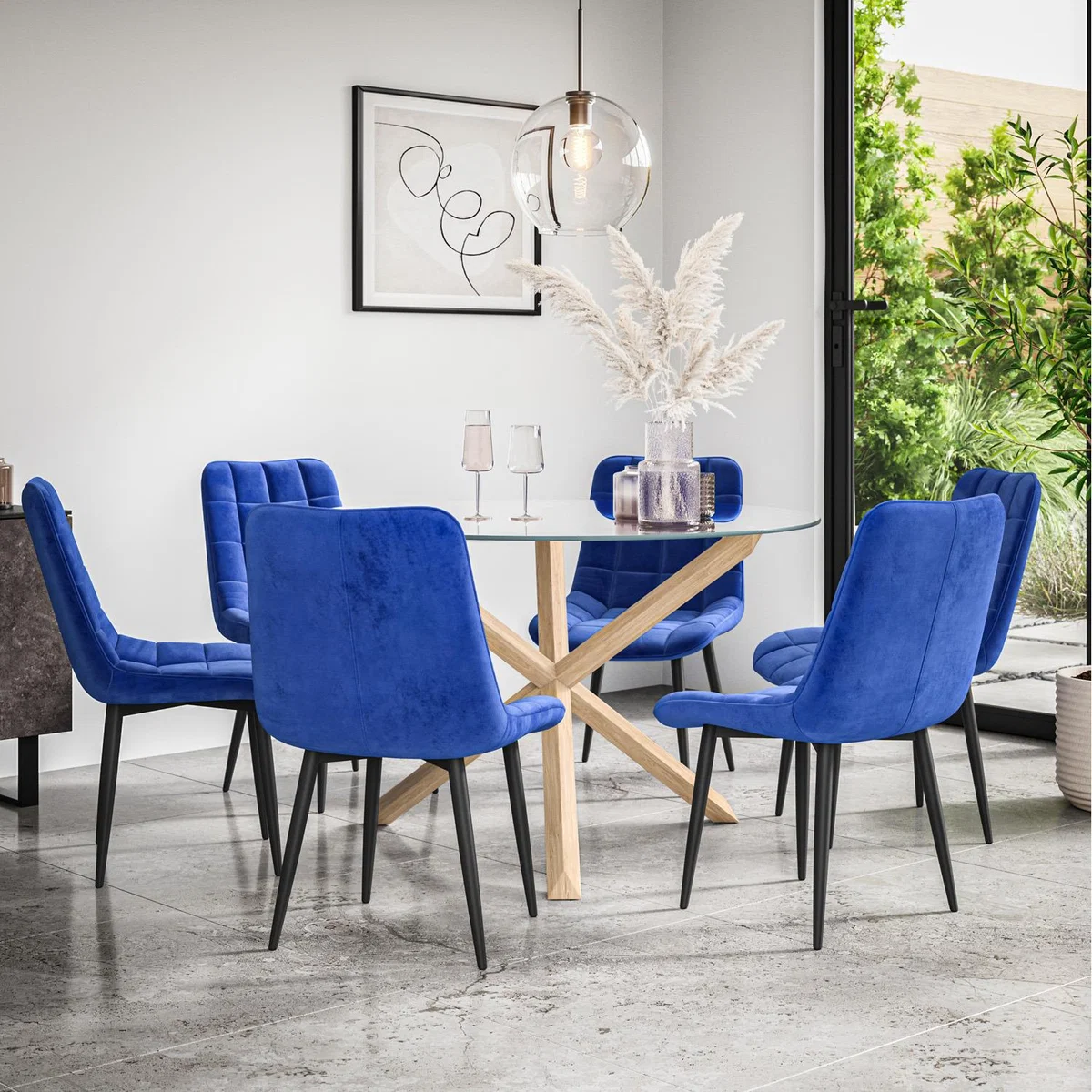 Malvern Round Glass Dining Table Set w Oak Legs w 4-6 Nova Velvet Chair - Blue / 6