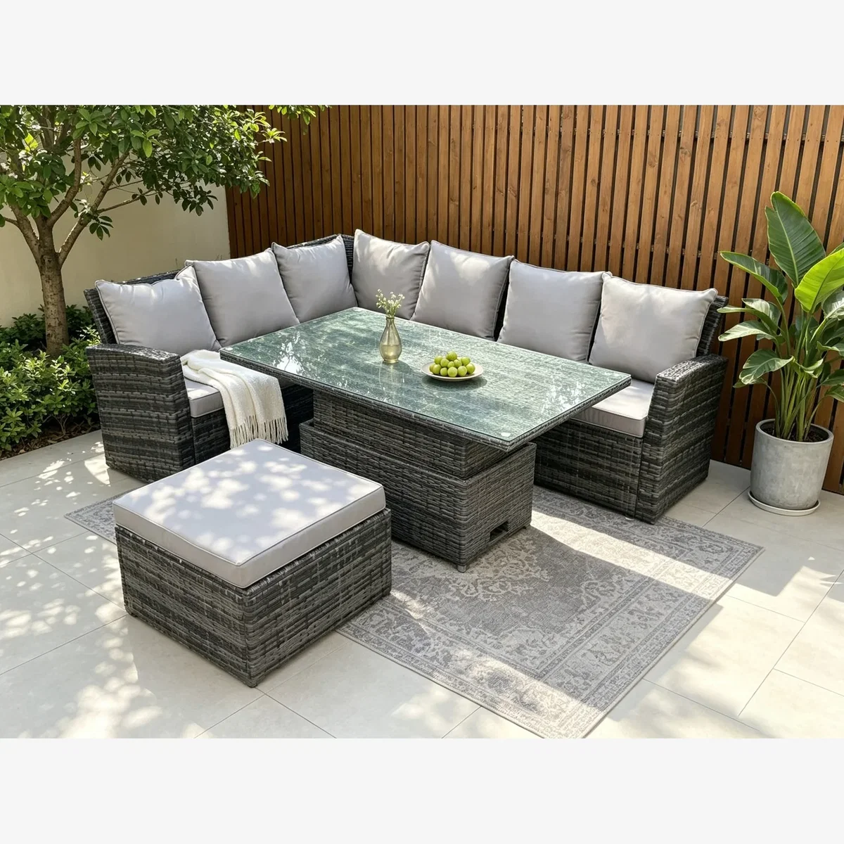 Fimous 7-Seater Rattan Dining Set with Rising Table - Dark Grey Mixed