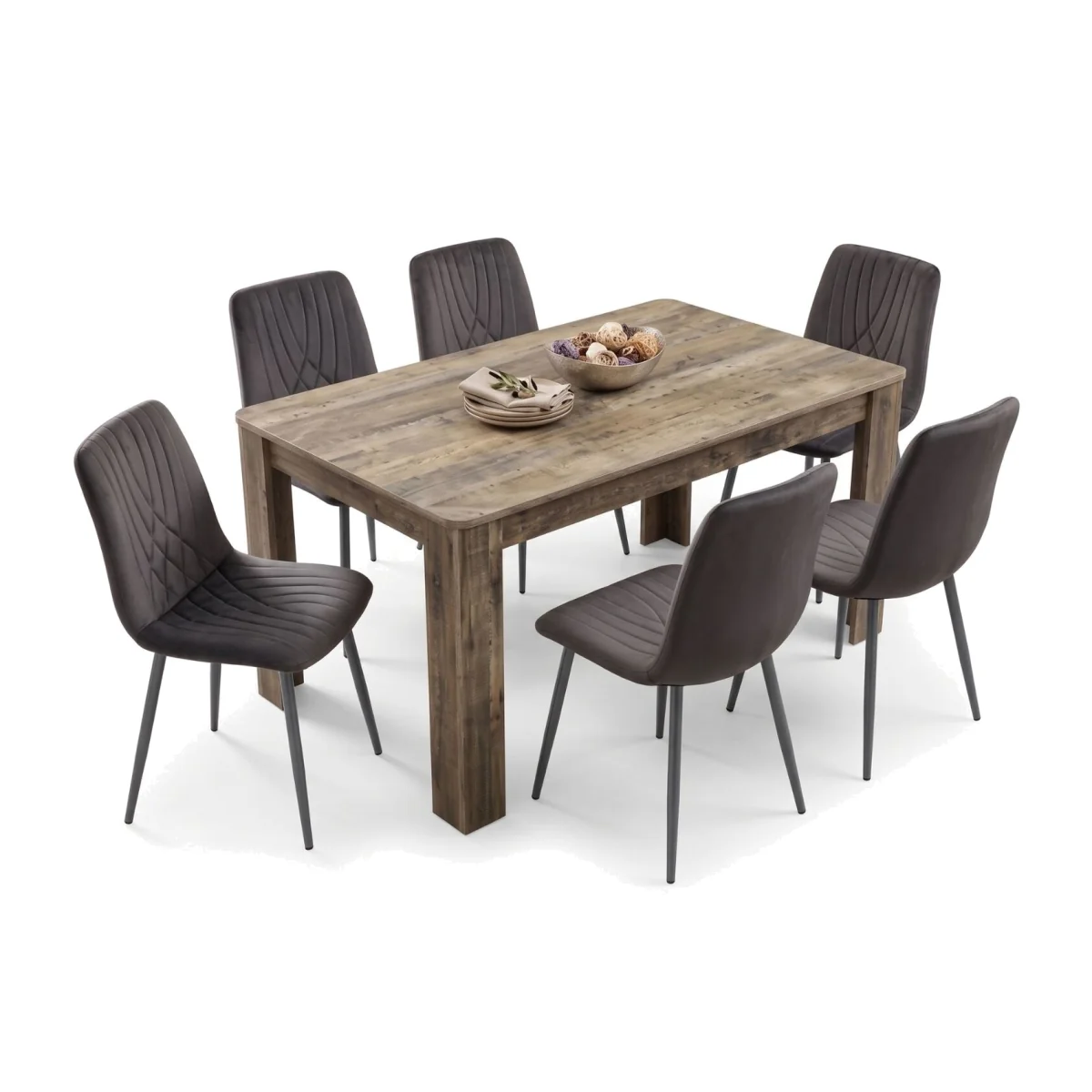 Rustic Wood Effect Dining Table Set with 6 Charcoal Velvet Chairs 6 Seater Kitchen Dining Furniture - Charcoal Grey – image 1