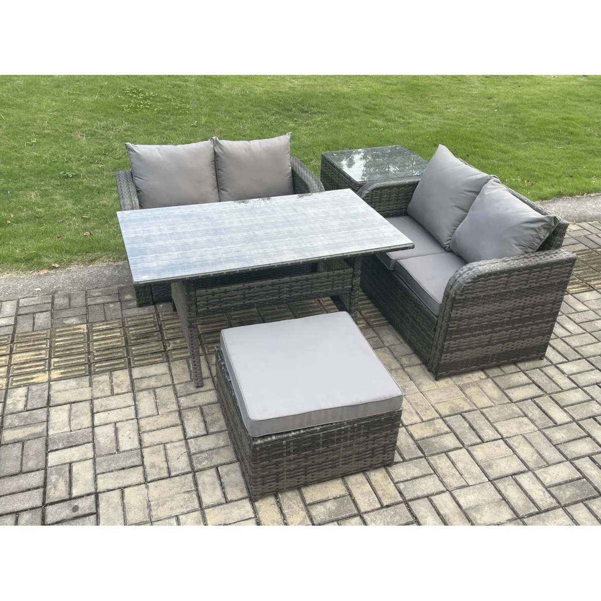 Fimous Rattan Loveseat Dining Set with Side Table & Footstool - Dark Grey – image 3