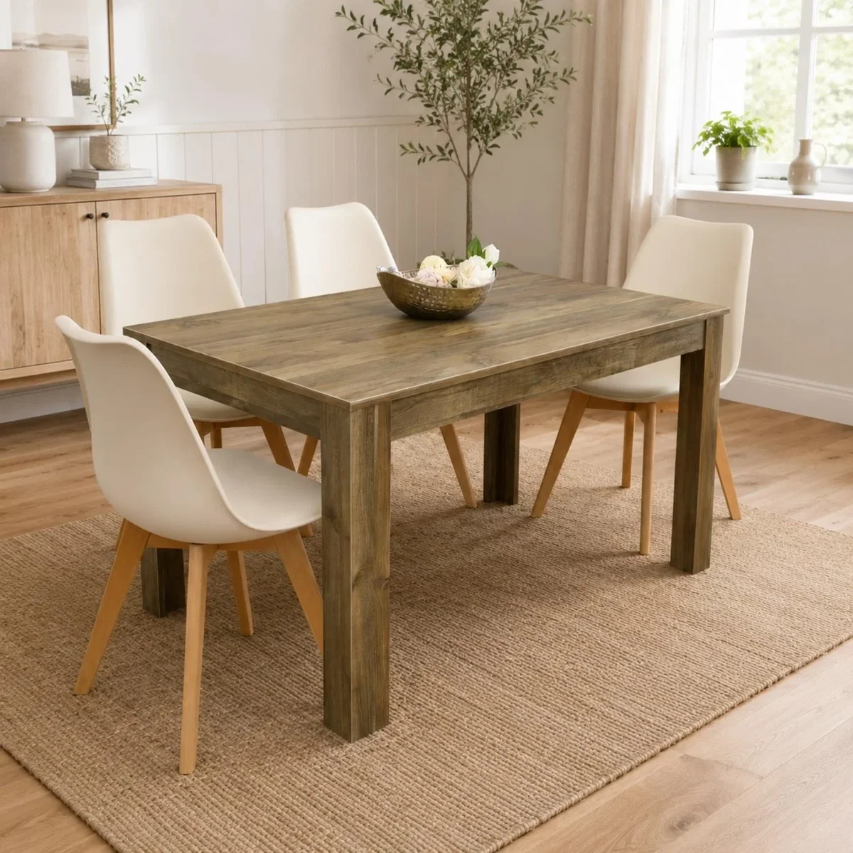 4 Seater Rustic Wood Effect Dining Table with 4 Cream Plastic Chairs - Brown