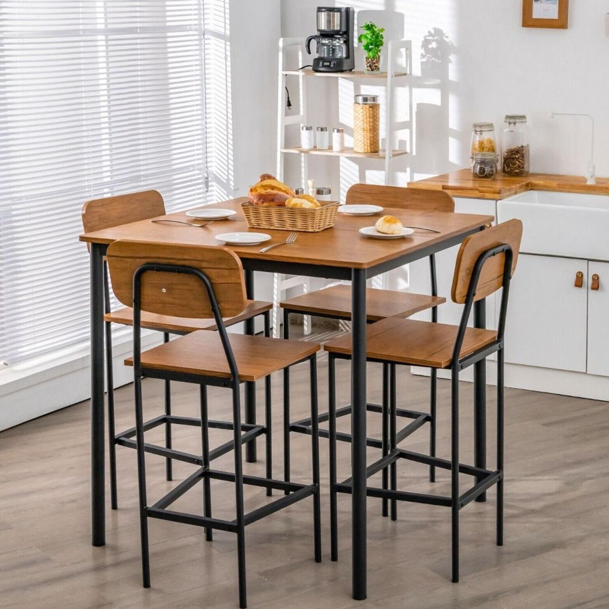 5 Bar Dining Set Square Table and 4 Stools - Brown – image 2