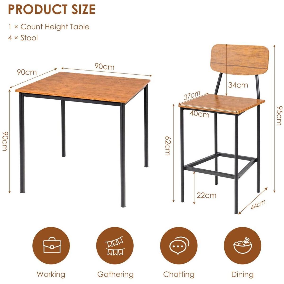 5 Bar Dining Set Square Table and 4 Stools - Brown – image 3