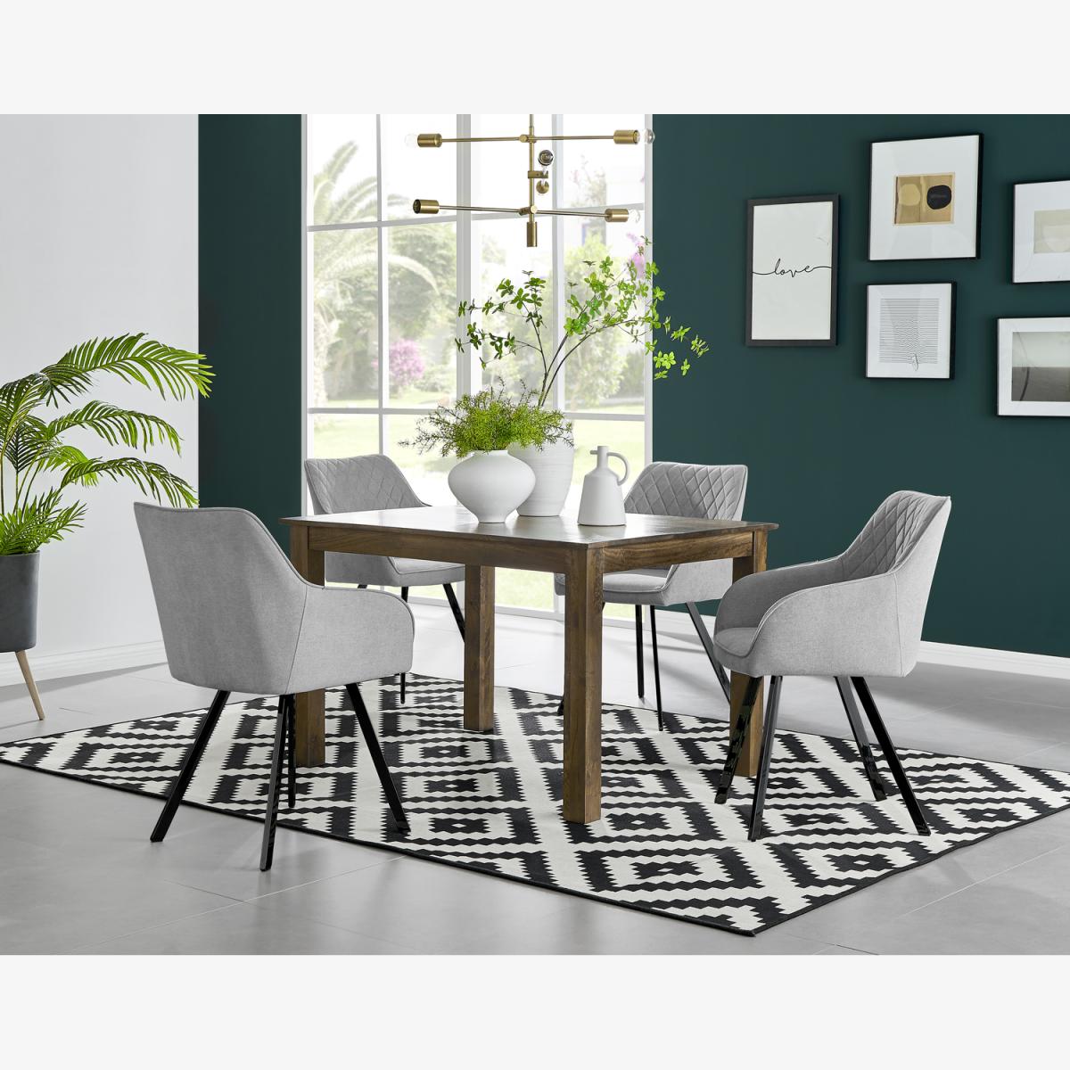 Anders Dark Walnut Wood Dining Table and 4 Falun Black Leg Chairs - Light Grey – image 1