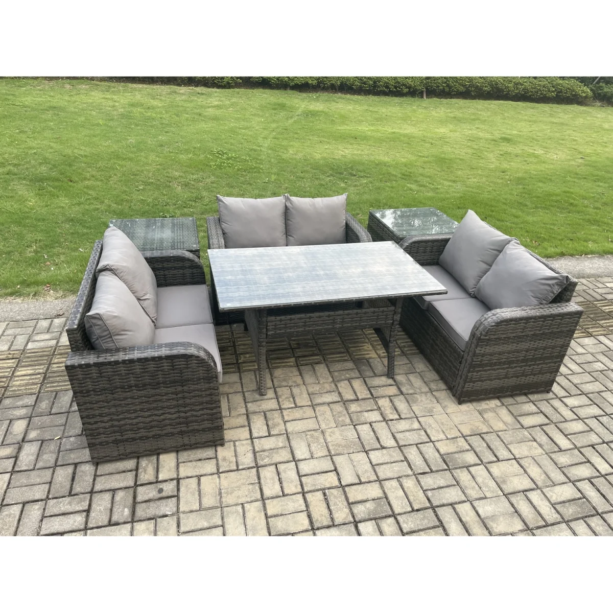Fimous 6-Seater Rattan Love Sofa Dining Set with 2 Side Tables - Dark Grey – image 3