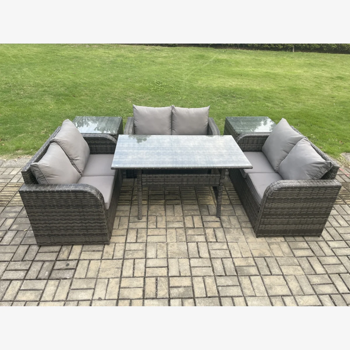Fimous 6-Seater Rattan Love Sofa Dining Set with 2 Side Tables - Dark Grey – image 1
