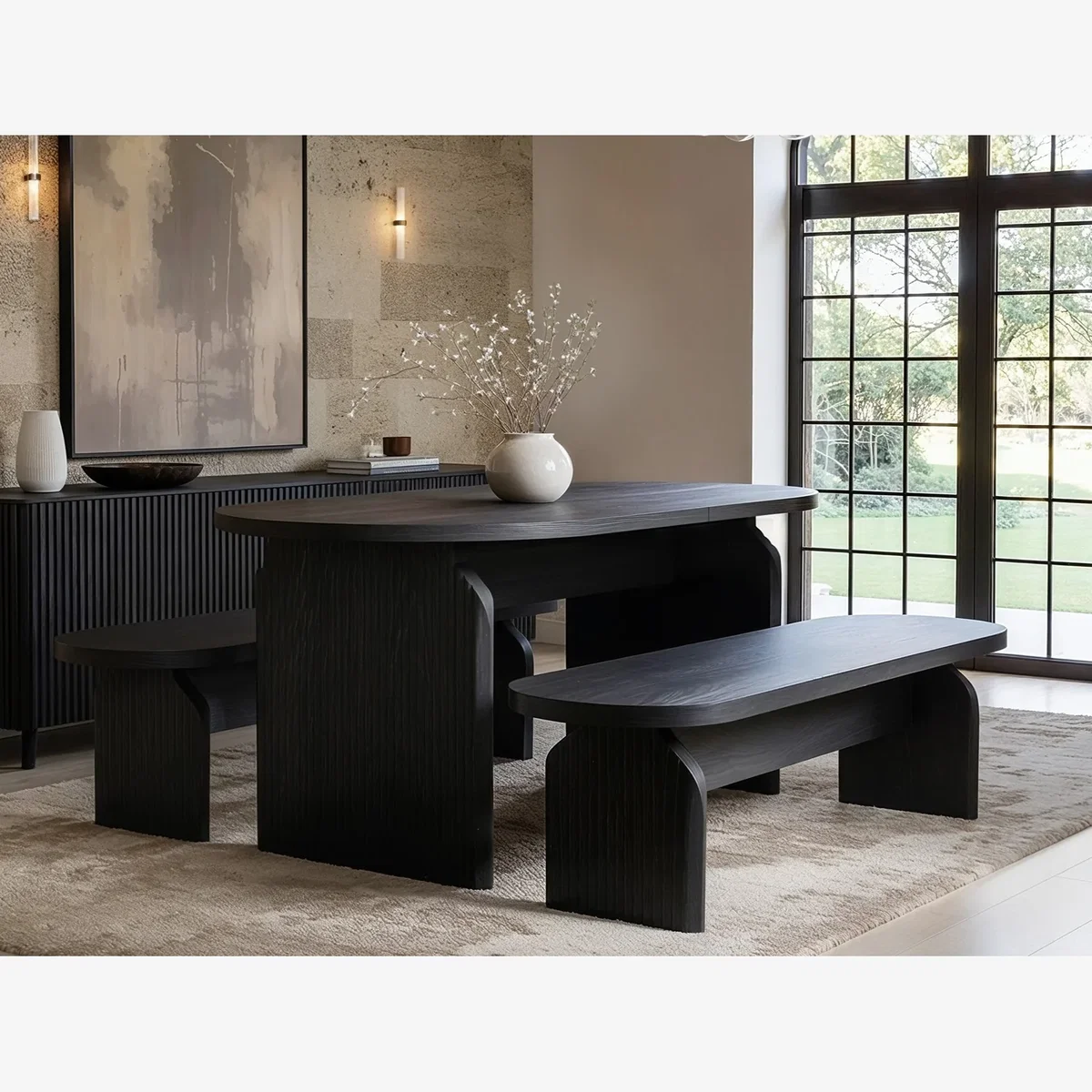 Varm Ribbed Oval Extendable Dining Table & 2 Bench Set Black - Black