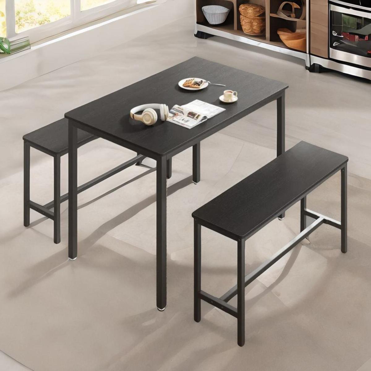 Industrial Dining Table Set With 2 Benches Kitchen Furniture - Rustic Brown