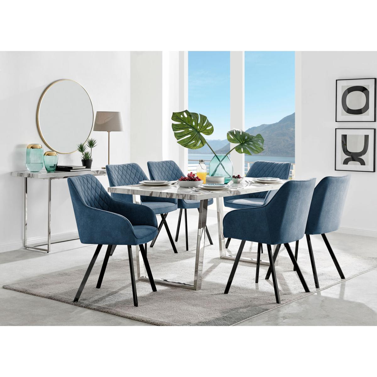 Kylo White Marble Effect Dining Table and 6 Falun Black Leg Chairs - Blue – image 14