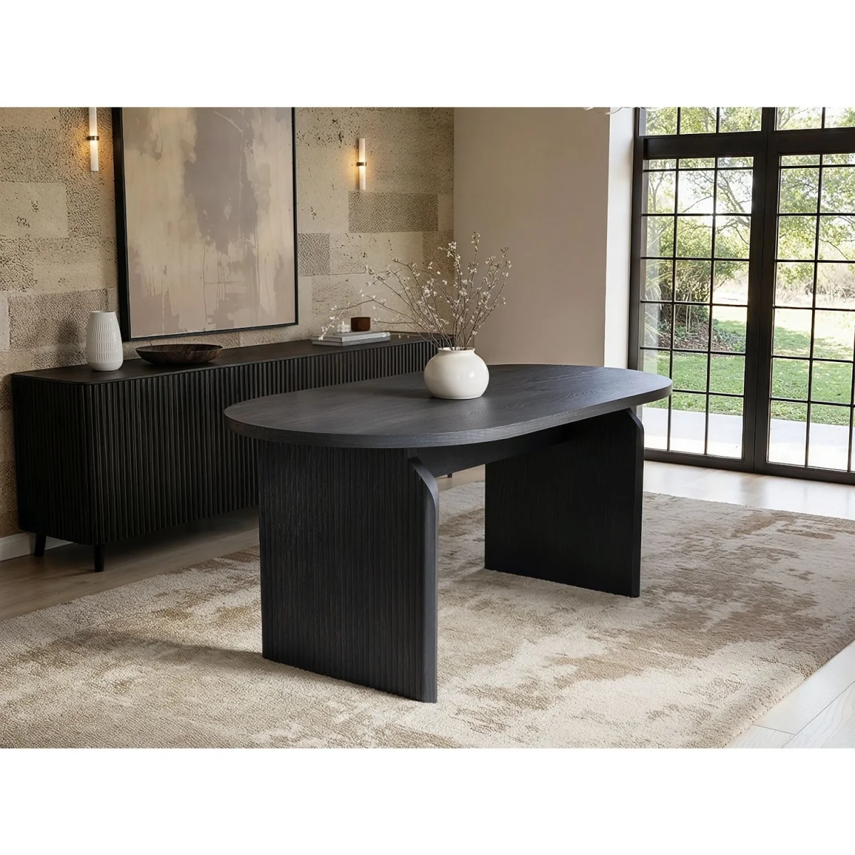 Varm Ribbed Dining Table with Cyra Benches Set - Black + Beige – image 6