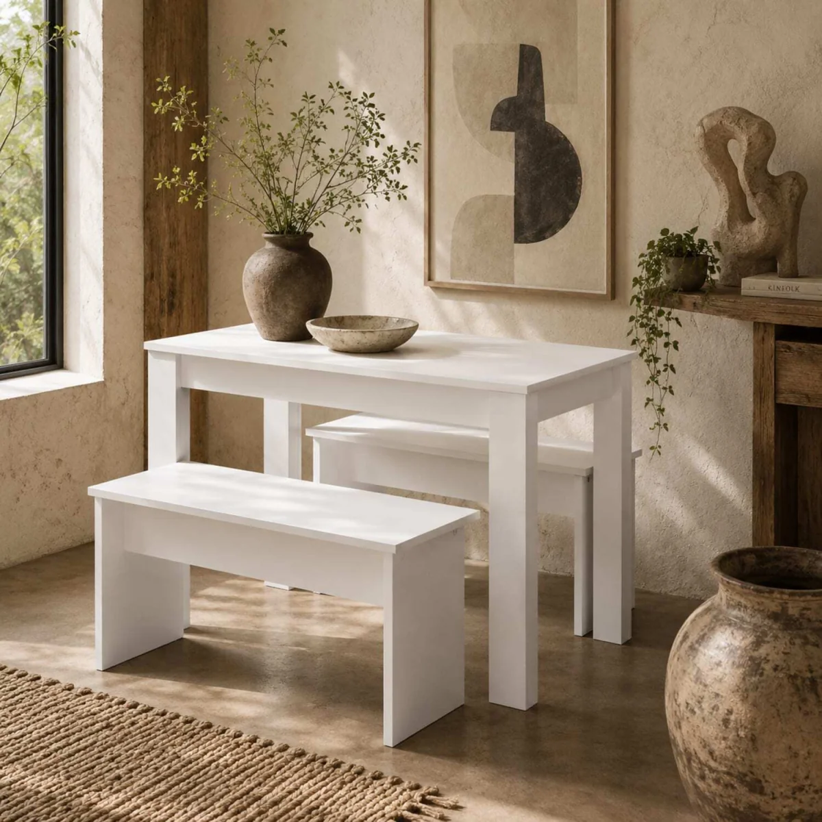 Sono White Dining Table with 2 Benches for Compact Spaces – image 1
