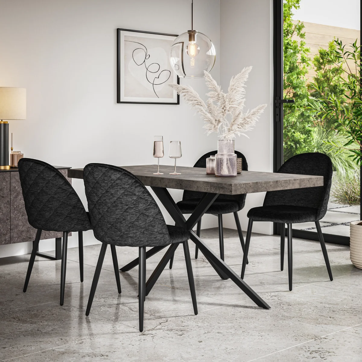 Donni Concrete Effect Top Rectangle Dining Table and 4 Raye Velvet Chairs - Grey - Black – image 1
