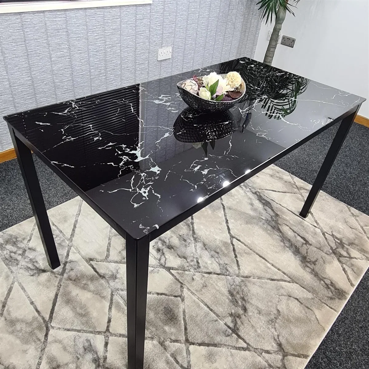 4 Seater Black Marble Effect Dining Table with 4 Black Faux Leather Chairs - Black – image 2