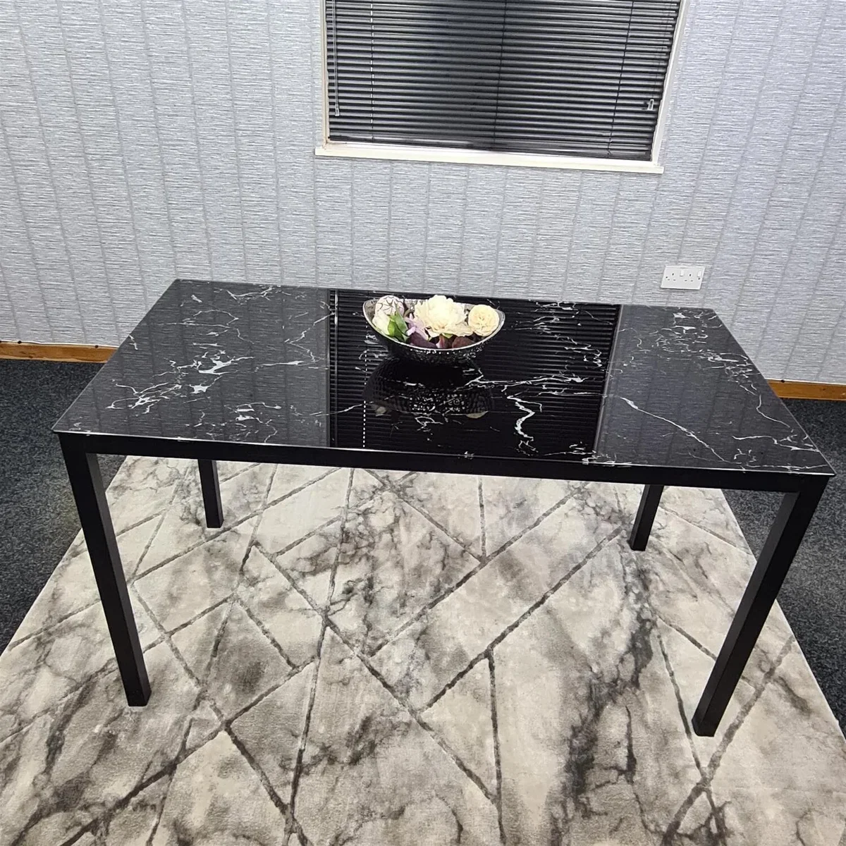 4 Seater Black Marble Effect Dining Table with 4 Black Faux Leather Chairs - Black – image 5