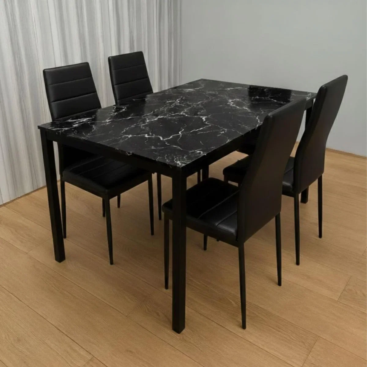 4 Seater Black Marble Effect Dining Table with 4 Black Faux Leather Chairs - Black – image 1