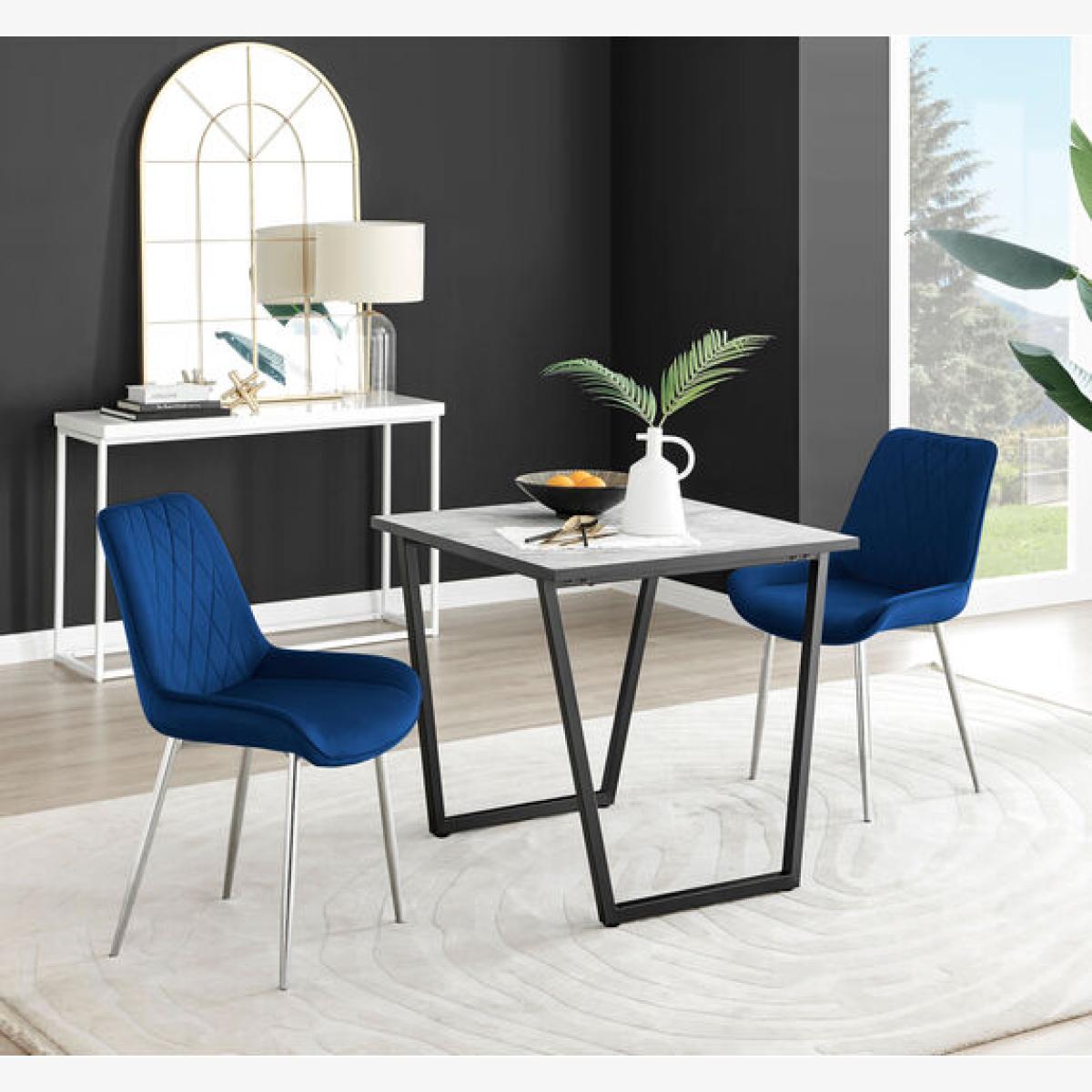 Carson White Marble Effect Square Dining Table and 2 Pesaro Silver Chairs - Navy – image 1