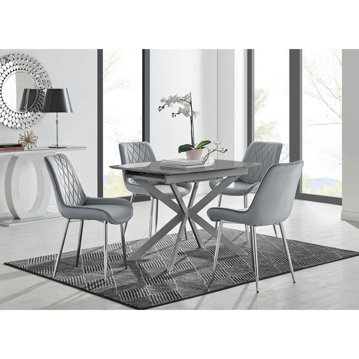 Lira 100cm Grey Metal Extending Dining Table 4 Pesaro Silver Chairs - Black – image 16