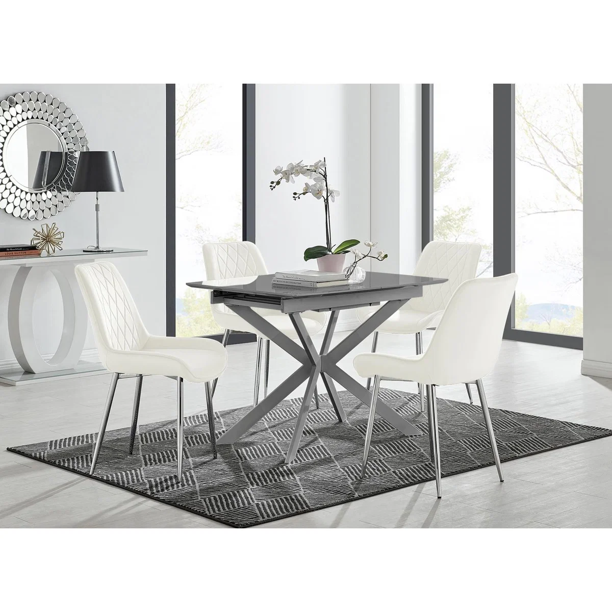 Lira 100cm Grey Metal Extending Dining Table 4 Pesaro Silver Chairs - Black – image 47
