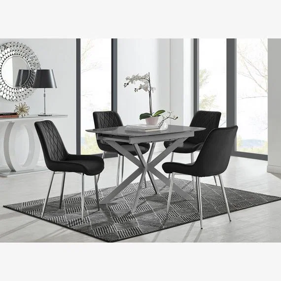 Lira 100cm Grey Metal Extending Dining Table 4 Pesaro Silver Chairs - Black – image 1