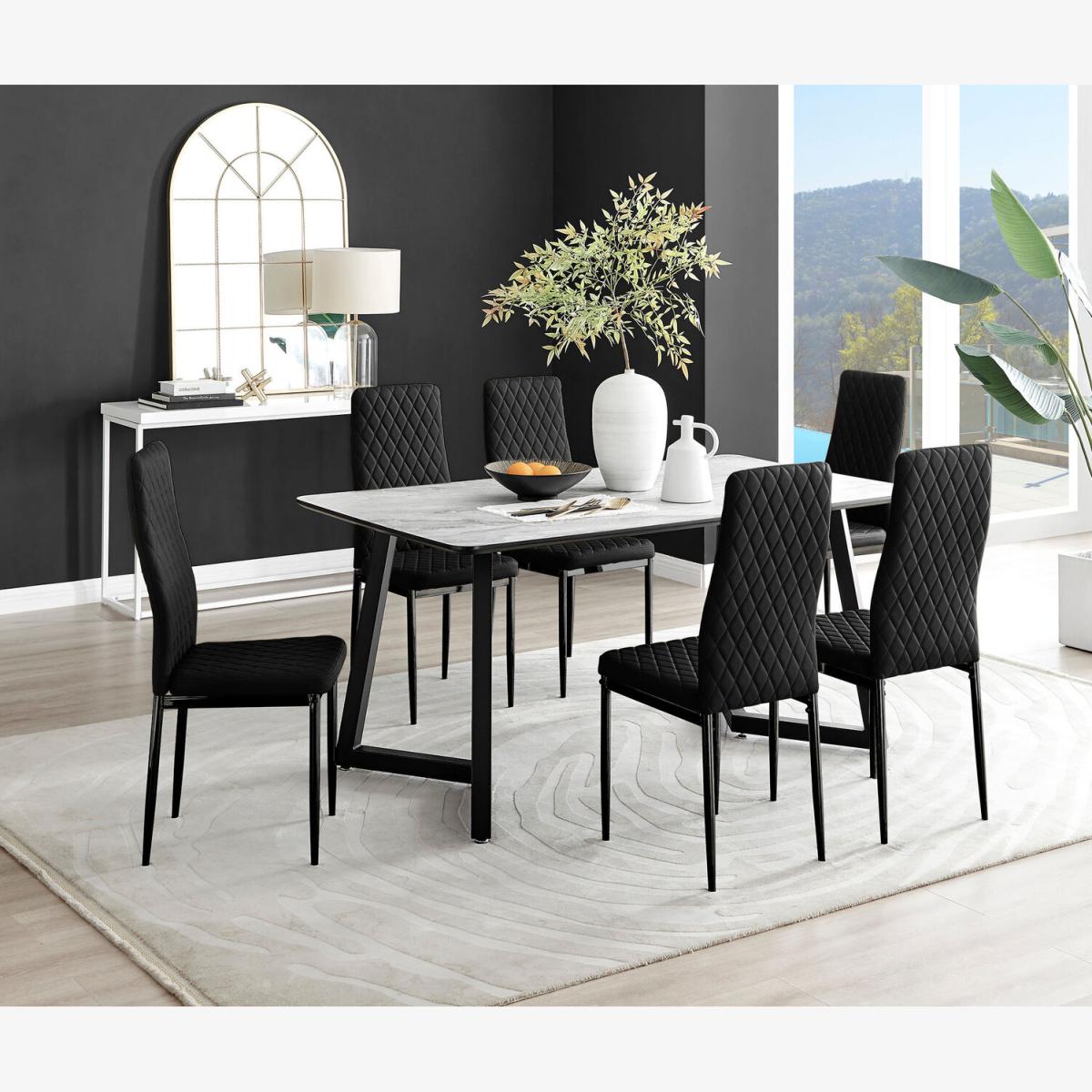 Carson White Marble Effect Dining Table and 6 Velvet Milan Black Leg Chairs - Black