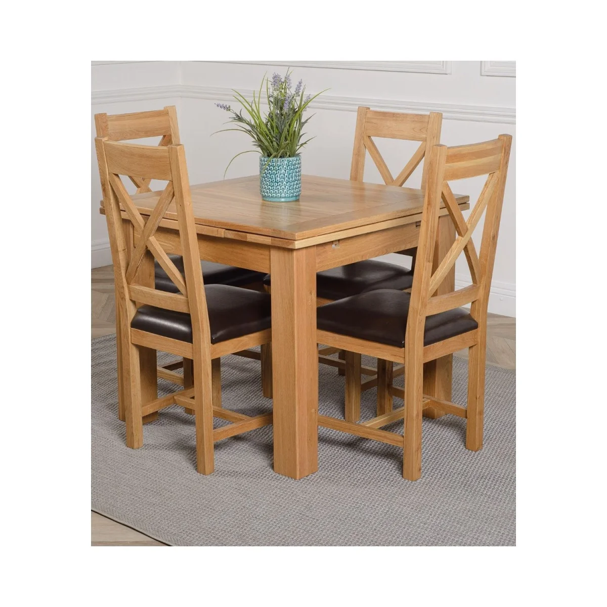 Richmond 90-150cm Oak Extending Dining Table and 4 Berkeley Leather Chairs - Brown – image 8