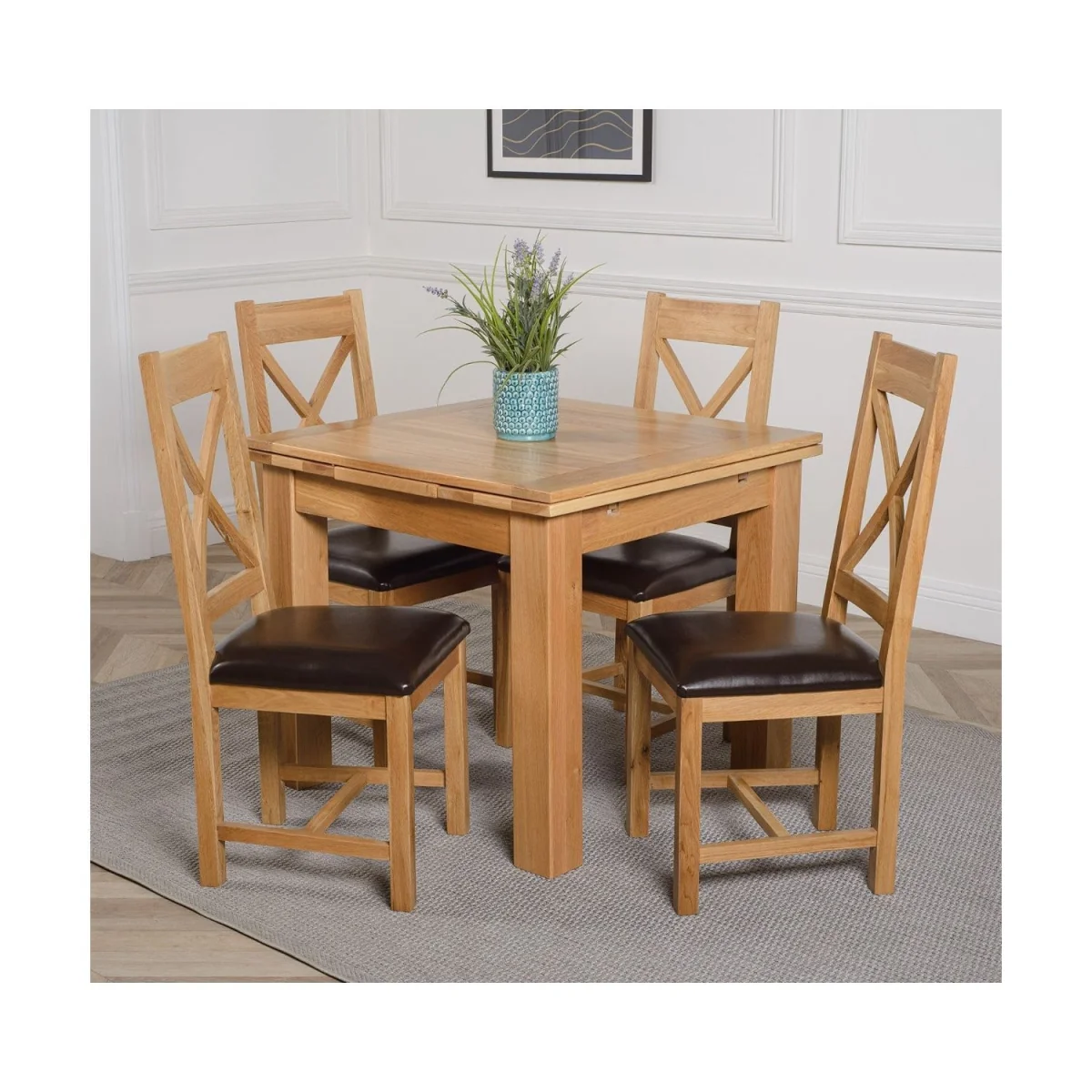 Richmond 90-150cm Oak Extending Dining Table and 4 Berkeley Leather Chairs - Brown – image 10