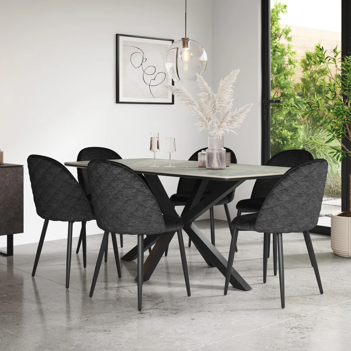 Juno Light Grey Table Top W Black Legs + Raye Velvet Dining Chair Set Of 8 - Black – image 1