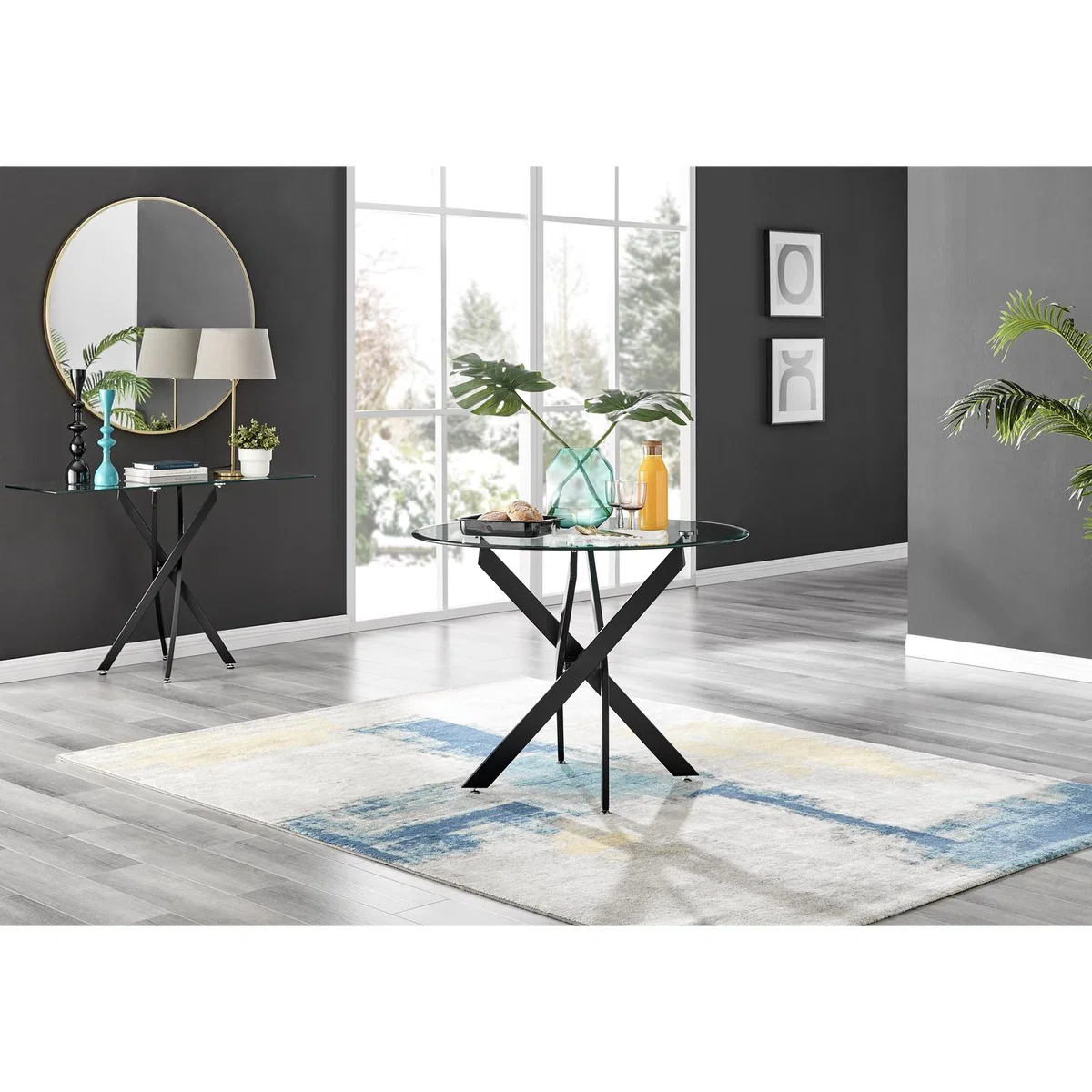 Novara Black Leg Round Glass Dining Table 4 Pesaro Silver Chairs - Navy – image 13