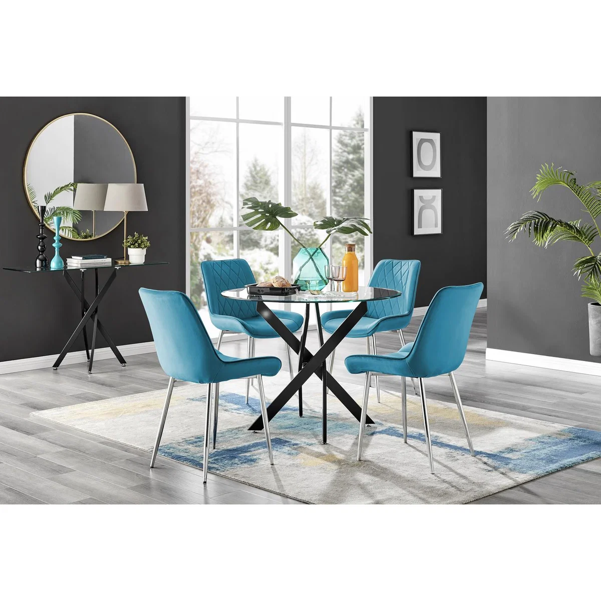 Novara Black Leg Round Glass Dining Table 4 Pesaro Silver Chairs - Navy – image 14