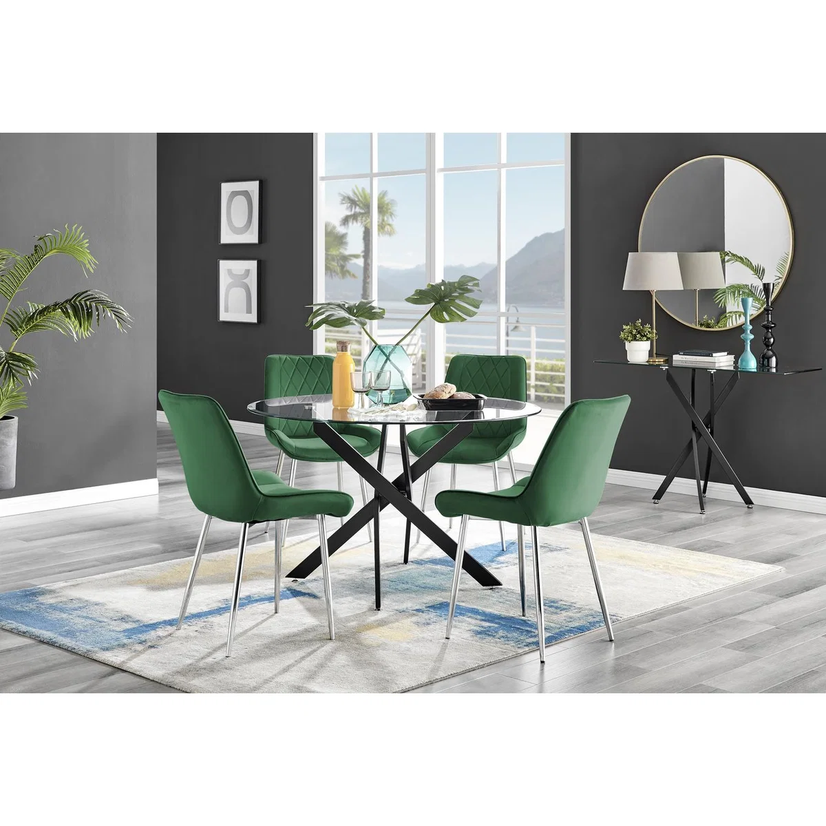 Novara Black Leg Round Glass Dining Table 4 Pesaro Silver Chairs - Navy – image 23