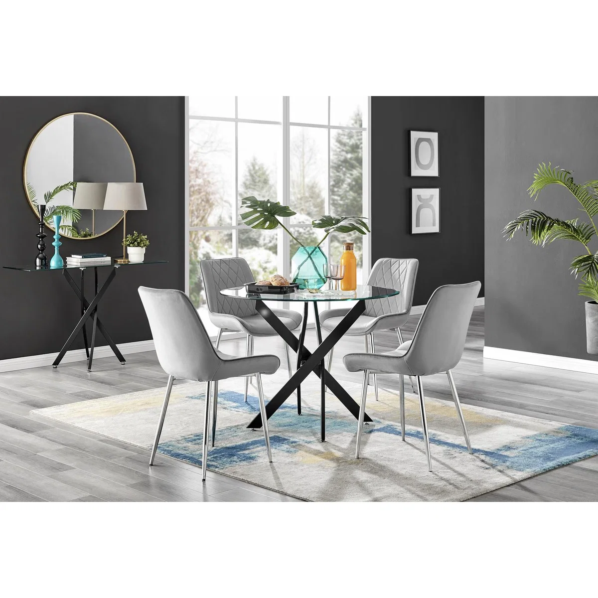 Novara Black Leg Round Glass Dining Table 4 Pesaro Silver Chairs - Navy – image 31